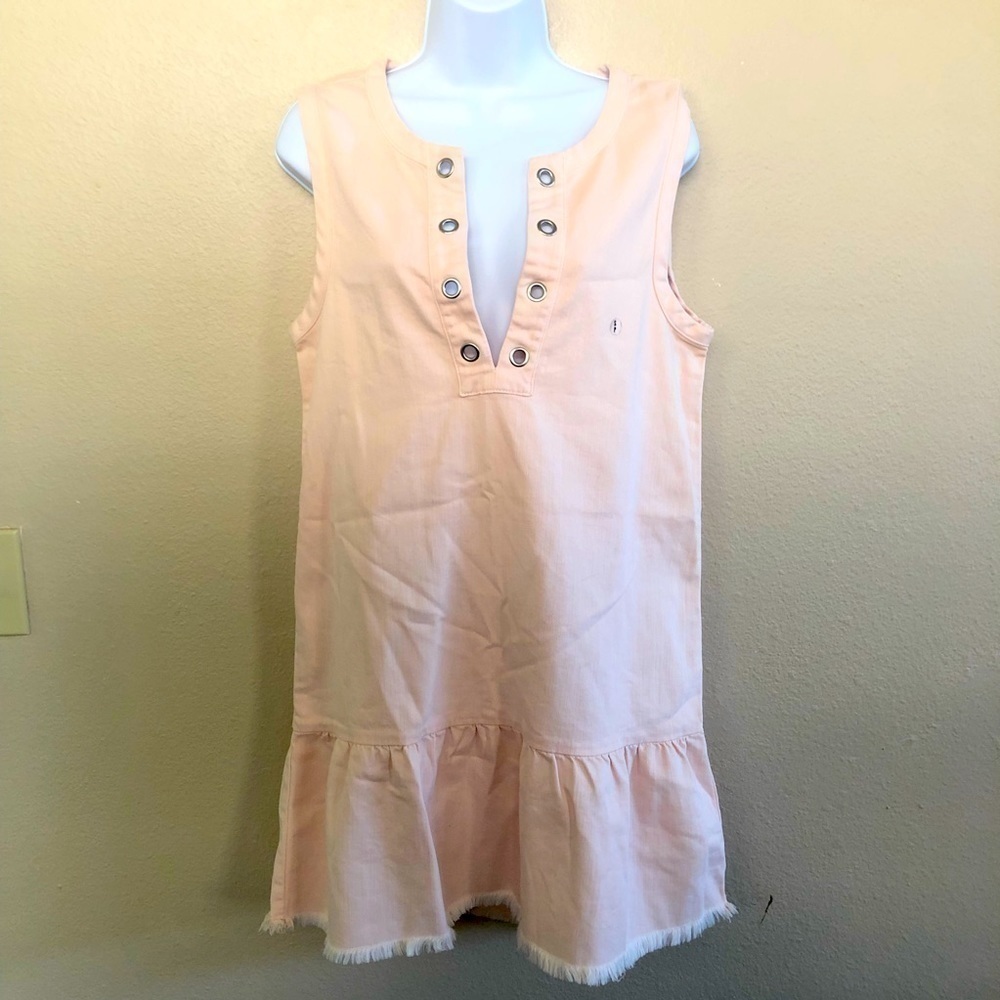 Aerie Drop Waist Blush Denim Sleeveless Ruffle Frayed Hem Mini Dress Size S